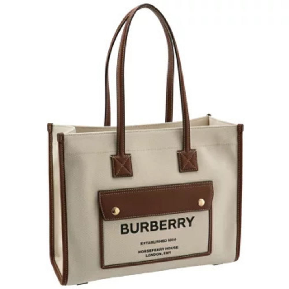 Burberry Two Tone Canvas Leather Freya Tote Bag Brown Tan